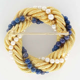 Twisted gold brooch cultured pearls and lapis lazuli