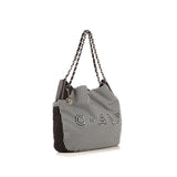 CHANEL  Black Stripe Canvas Shoulder Bag