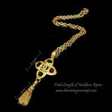 Chanel Logo w/ Green & Red Stones Long Necklace
