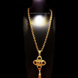 Chanel Logo w/ Green & Red Stones Long Necklace