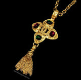 Chanel Logo w/ Green & Red Stones Long Necklace