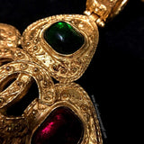 Chanel Logo w/ Green & Red Stones Long Necklace