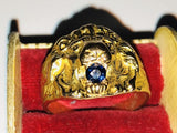 Solid German lion's head gold ring, 750 with 0.3 ct sapphire