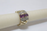 Women's flexible mesh ring, in yellow gold with diamonds and cabochon-cut rubies - size 18