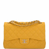 Chanel Yellow Shiny Quilted Caviar Jumbo Classic Double Flap Bag