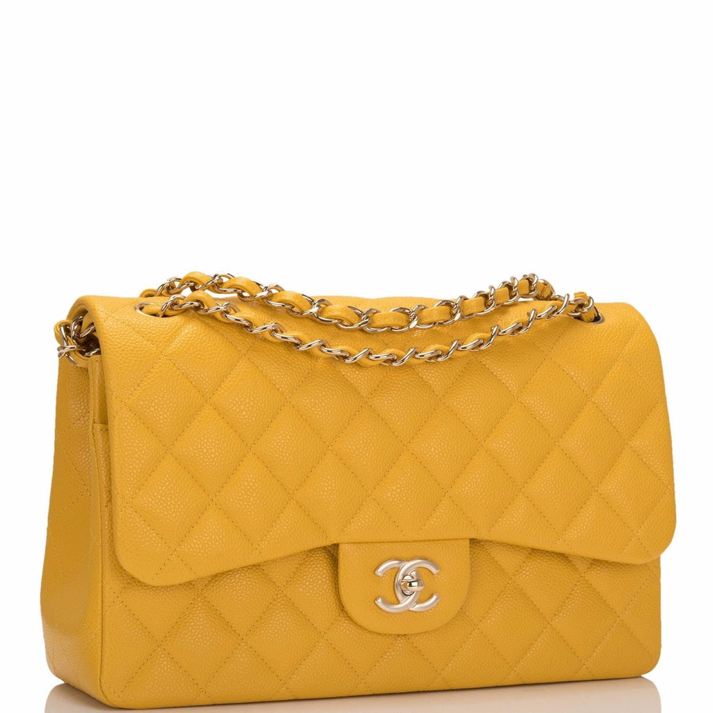 Chanel Yellow Shiny Quilted Caviar Jumbo Classic Double Flap Bag