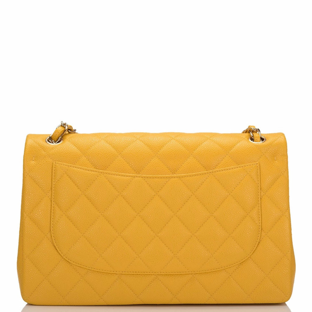 Chanel Yellow Shiny Quilted Caviar Jumbo Classic Double Flap Bag