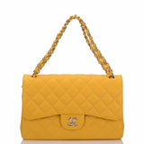 Chanel Yellow Shiny Quilted Caviar Jumbo Classic Double Flap Bag