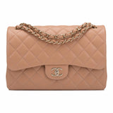 Chanel Beige Shiny Quilted Caviar Jumbo Classic Double Flap Bag