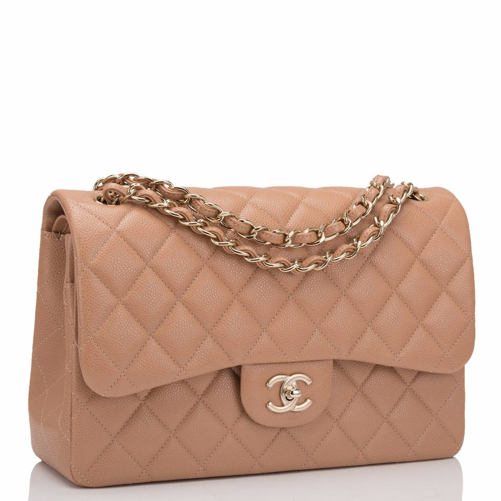 Chanel Beige Shiny Quilted Caviar Jumbo Classic Double Flap Bag