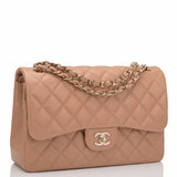 Chanel Beige Shiny Quilted Caviar Jumbo Classic Double Flap Bag