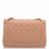 Chanel Beige Shiny Quilted Caviar Jumbo Classic Double Flap Bag