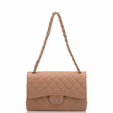 Chanel Beige Shiny Quilted Caviar Jumbo Classic Double Flap Bag