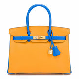 Hermes HSS Bi-Color Jaune D'Or and Blue Hydra Chevre Mysore Birkin 30cm Gold Har