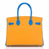 Hermes HSS Bi-Color Jaune D'Or and Blue Hydra Chevre Mysore Birkin 30cm Gold Har