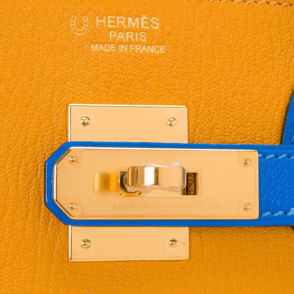 Hermes HSS Bi-Color Jaune D'Or and Blue Hydra Chevre Mysore Birkin 30cm Gold Har