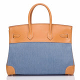 Hermes Vache Naturelle and Denim Birkin 35cm Palladium Hardware (Preloved - Mint