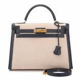 Hermes Vintage Toile and Navy Blue Courchevel Sellier Kelly 32cm Gold Hardware (