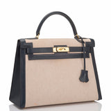 Hermes Vintage Toile and Navy Blue Courchevel Sellier Kelly 32cm Gold Hardware (