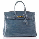Hermes Blue Jean Shiny Porosus Crocodile Birkin 35cm Gold Hardware (Preloved - E