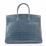 Hermes Blue Jean Shiny Porosus Crocodile Birkin 35cm Gold Hardware (Preloved - E