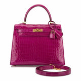 Hermes Rose Scheherazade Shiny Niloticus Crocodile Kelly 25cm Gold Hardware