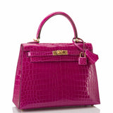 Hermes Rose Scheherazade Shiny Niloticus Crocodile Kelly 25cm Gold Hardware