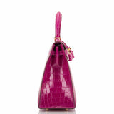 Hermes Rose Scheherazade Shiny Niloticus Crocodile Kelly 25cm Gold Hardware