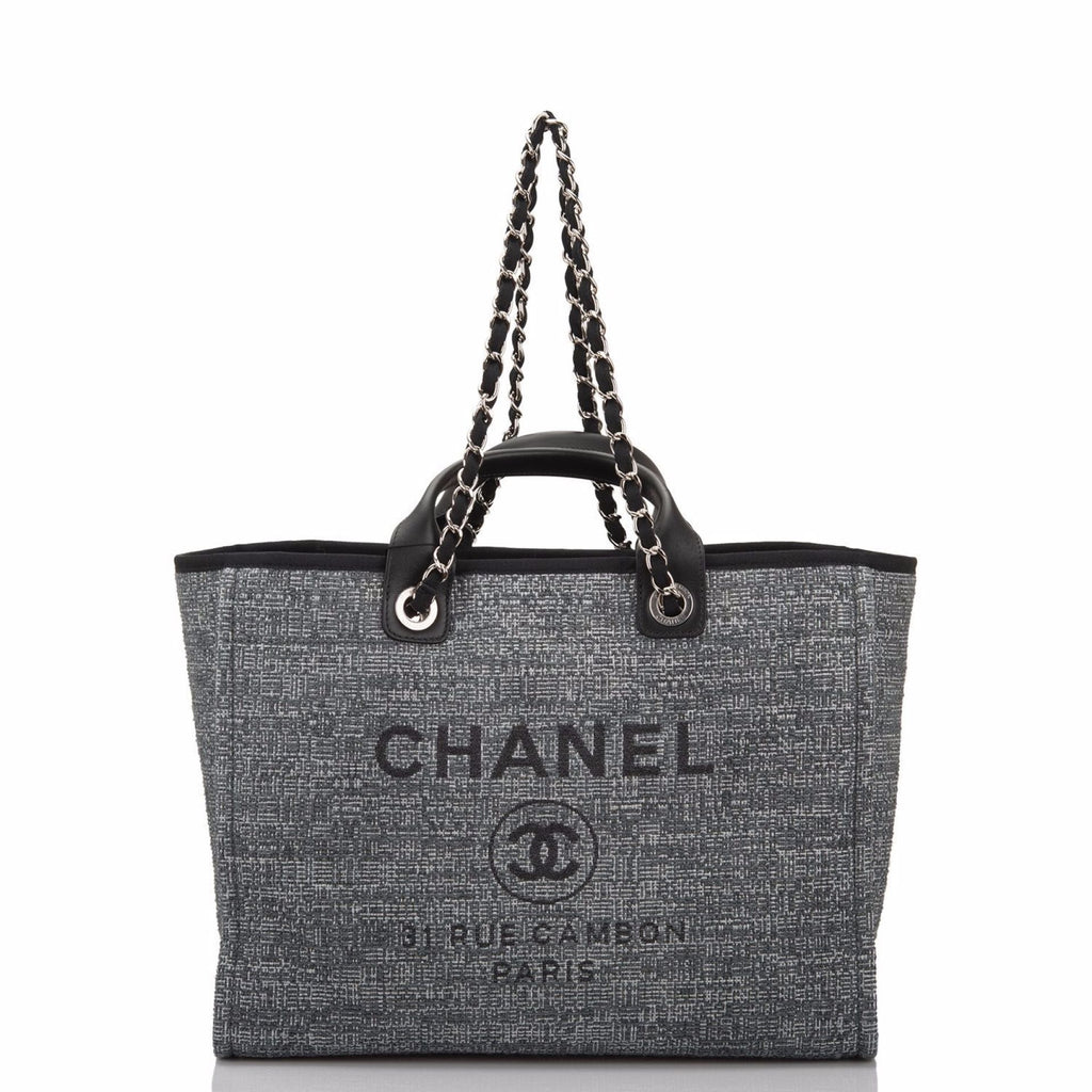 Chanel Medium Deauville Shopping Bag Dark Grey Denim Silver Hardware