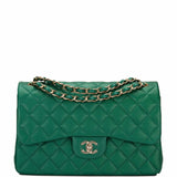 Chanel Green Shiny Quilted Caviar Jumbo Classic Double Flap Bag