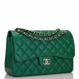 Chanel Green Shiny Quilted Caviar Jumbo Classic Double Flap Bag