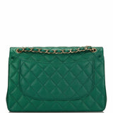 Chanel Green Shiny Quilted Caviar Jumbo Classic Double Flap Bag