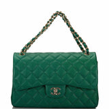 Chanel Green Shiny Quilted Caviar Jumbo Classic Double Flap Bag