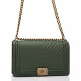 Chanel Green Braid Around Chevron Quilted Caviar New Medium Boy Bag