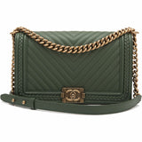 Chanel Green Braid Around Chevron Quilted Caviar New Medium Boy Bag