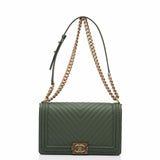 Chanel Green Braid Around Chevron Quilted Caviar New Medium Boy Bag