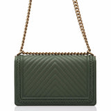 Chanel Green Braid Around Chevron Quilted Caviar New Medium Boy Bag
