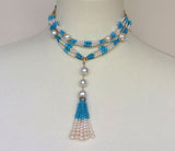 Graduated Pearl and Turquoise Sautoir Necklace with Tassel