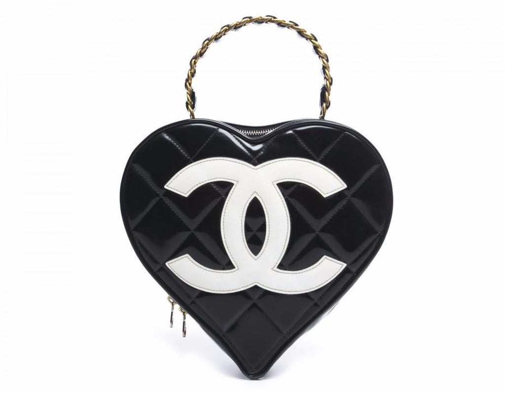 Chanel Vintage Chanel Black Patent Quilted Leather Heart Shaped Hand