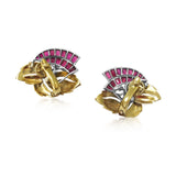 A PAIR OF RETRO RUBY AND GOLD EARCLIPS