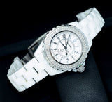 Chanel Lady's 34mm J12 H0967 quartz date factory diamonds bezel in White Ceramic