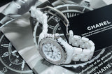Chanel Lady's 34mm J12 H0967 quartz date factory diamonds bezel in White Ceramic