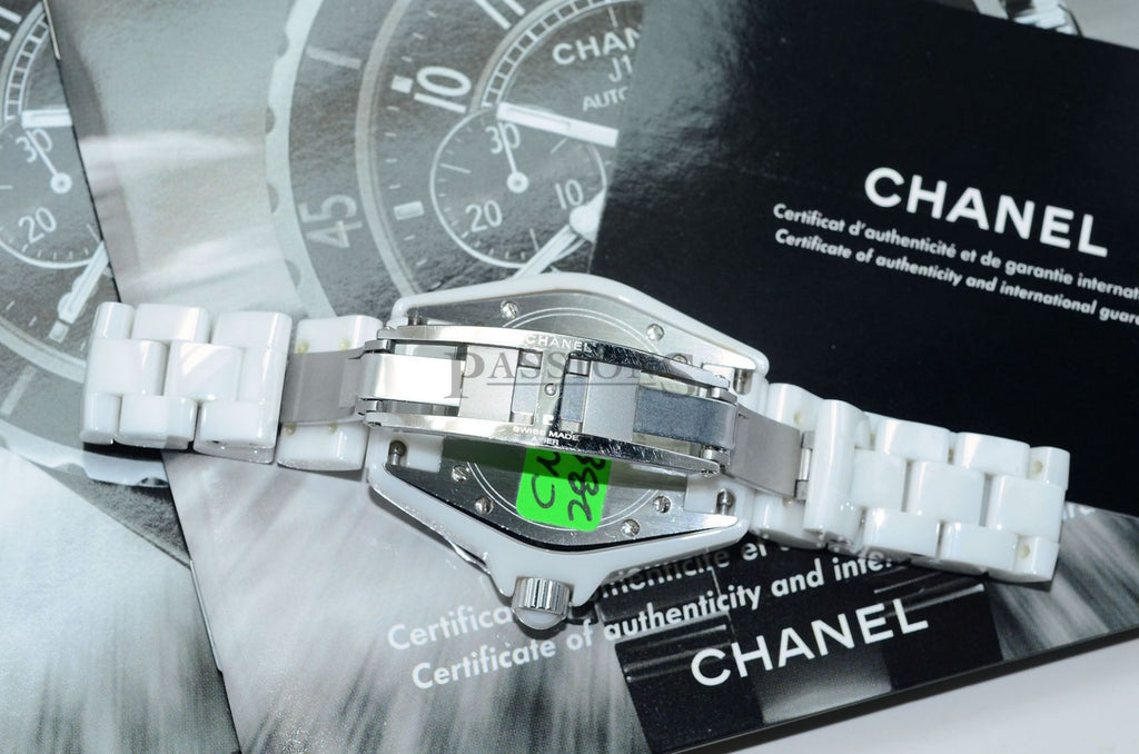 Chanel Lady's 34mm J12 H0967 quartz date factory diamonds bezel in White Ceramic