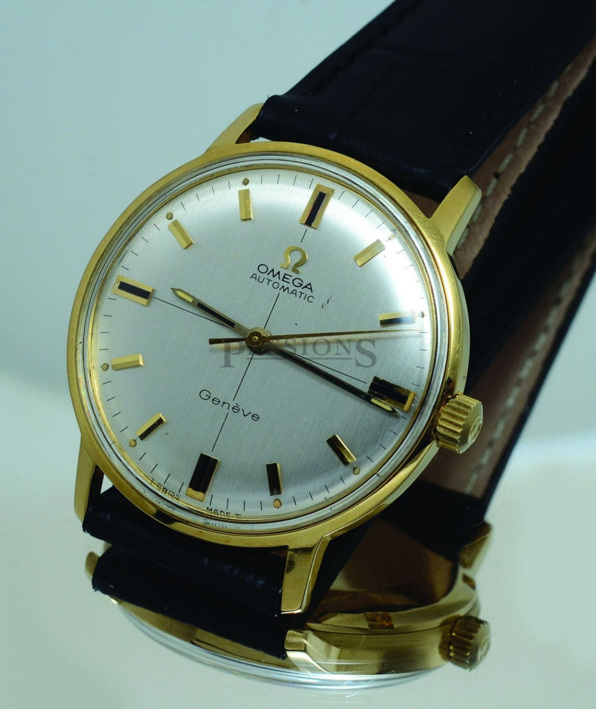 Omega 34mm Circa 1967 Geneve automatic Silvered crossed dial in 18KYG & screw ba