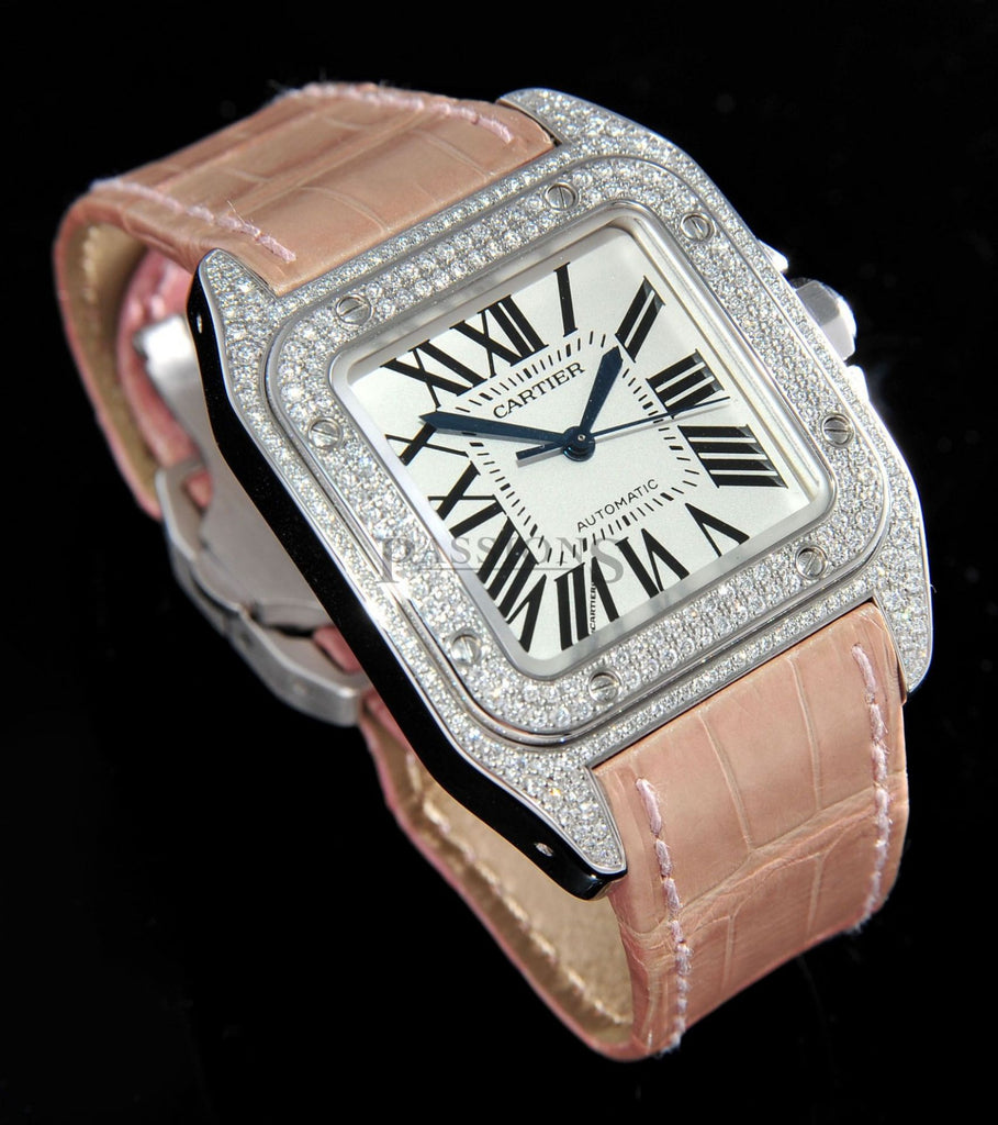 Cartier "Santos 100" Medium model automatic in 18KWG & Diamonds