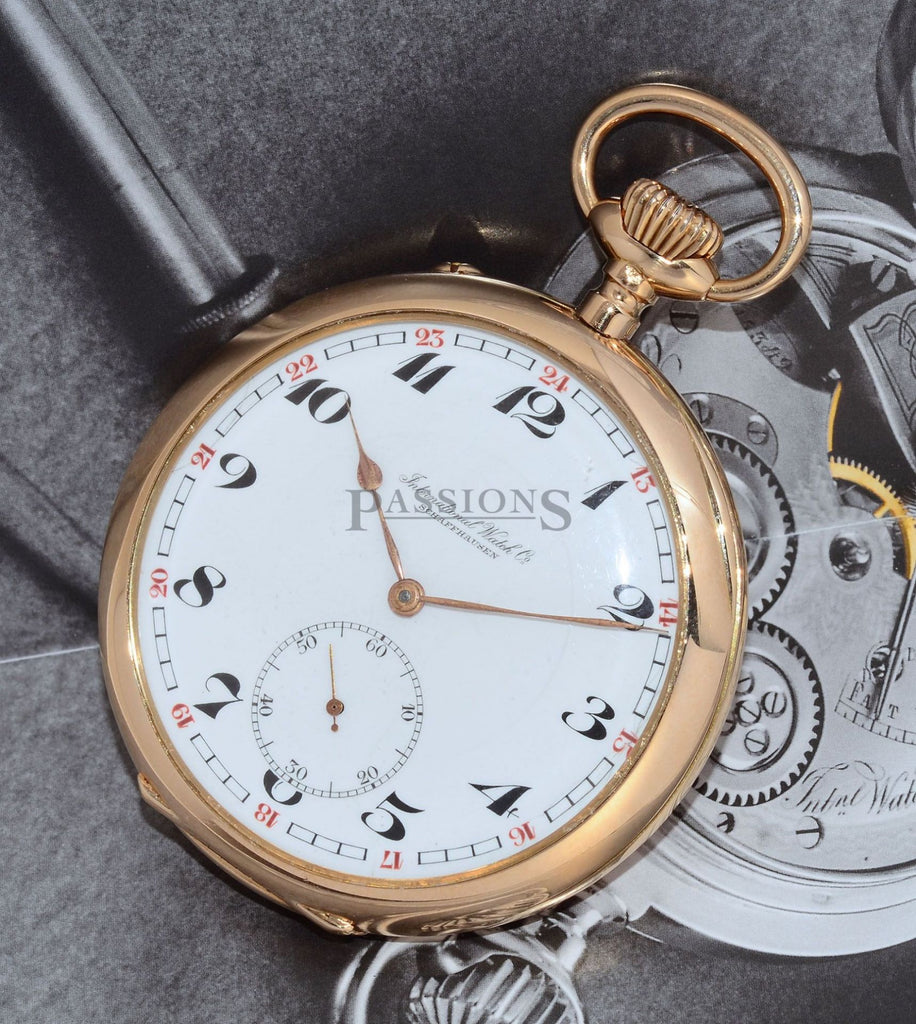 IWC, Circa 1912 55mm Open face pocket watch with enamel dial in 14KRG