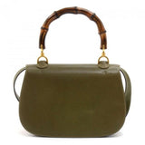 Gucci Bamboo Top Handle Olive Green Pebbled Leather 2 Way Bag