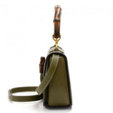 Gucci Bamboo Top Handle Olive Green Pebbled Leather 2 Way Bag