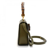 Gucci Bamboo Top Handle Olive Green Pebbled Leather 2 Way Bag