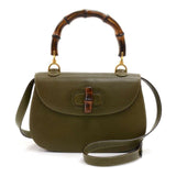 Gucci Bamboo Top Handle Olive Green Pebbled Leather 2 Way Bag